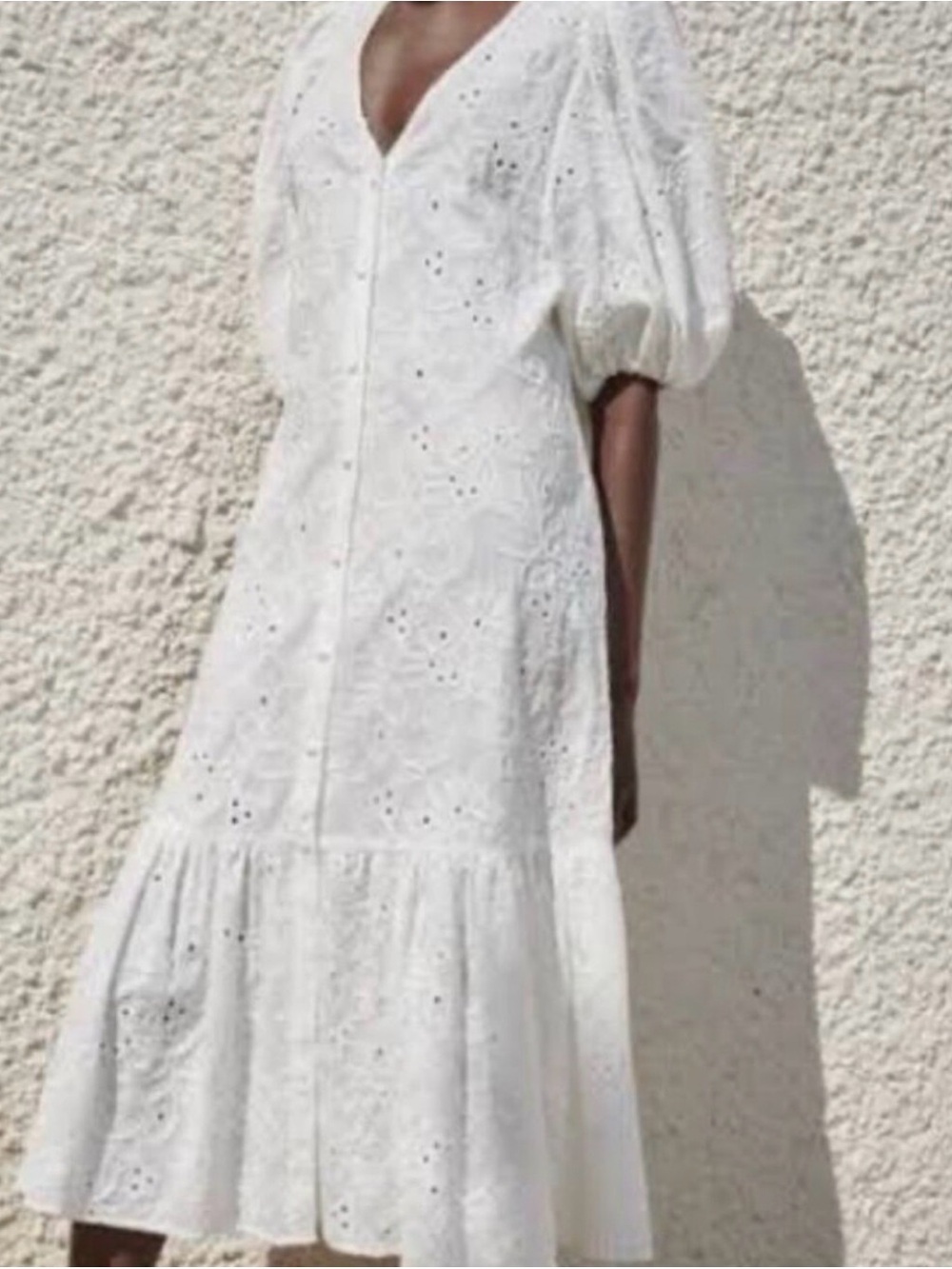 Zara White Eyelet Maxi Dress with Puff Sleeves